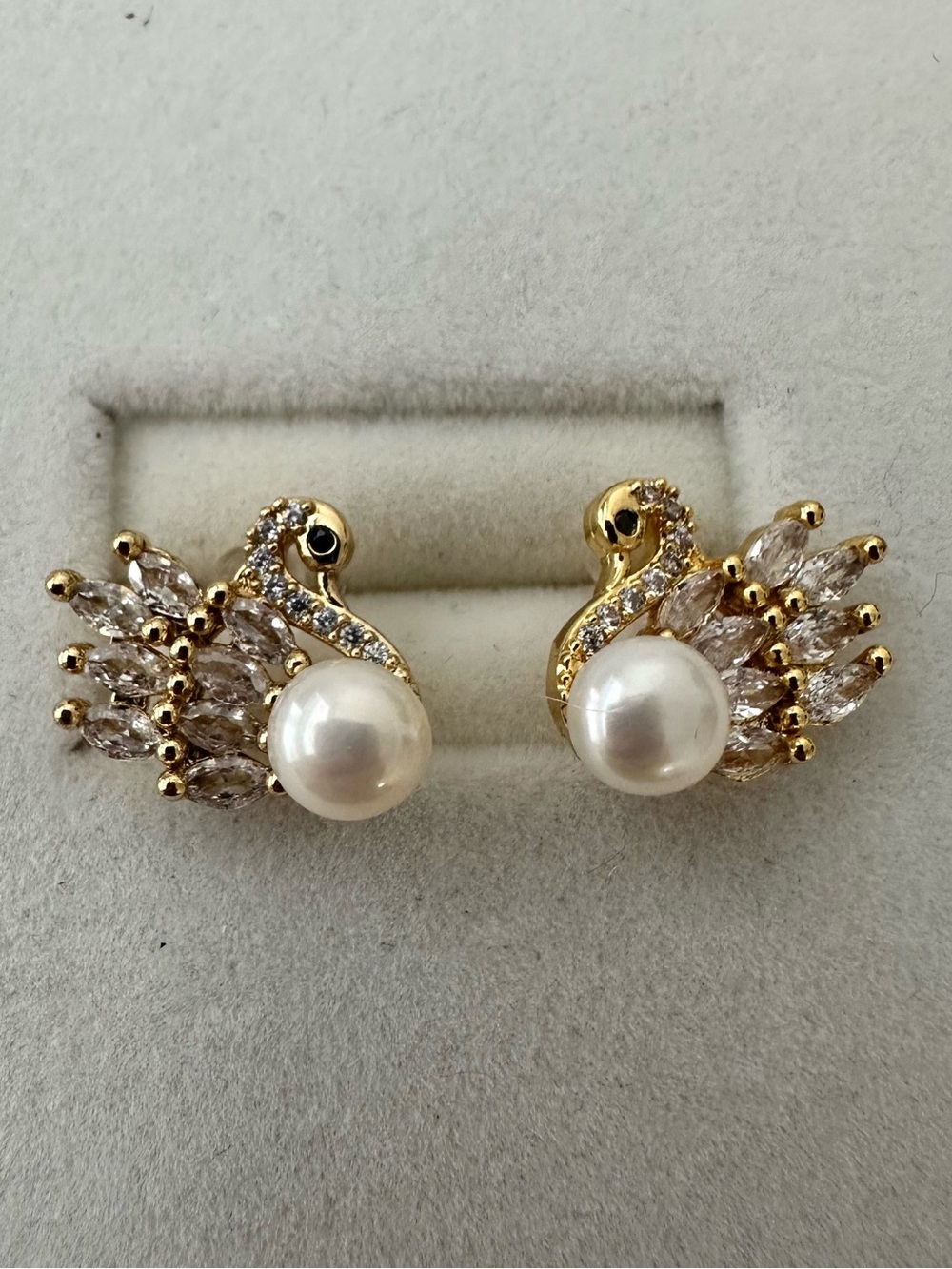14K Gold Plated Swan Natural Pearl & CZ Stud Earrings Elegant